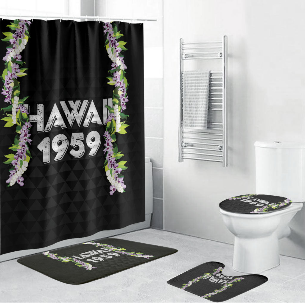 Hawaii Statehood Day Bathroom Set Kakau Pattern With Maile Pikake Honohono Lei LT05 Bathroom Set (4 pcs) Black - Polynesian Pride