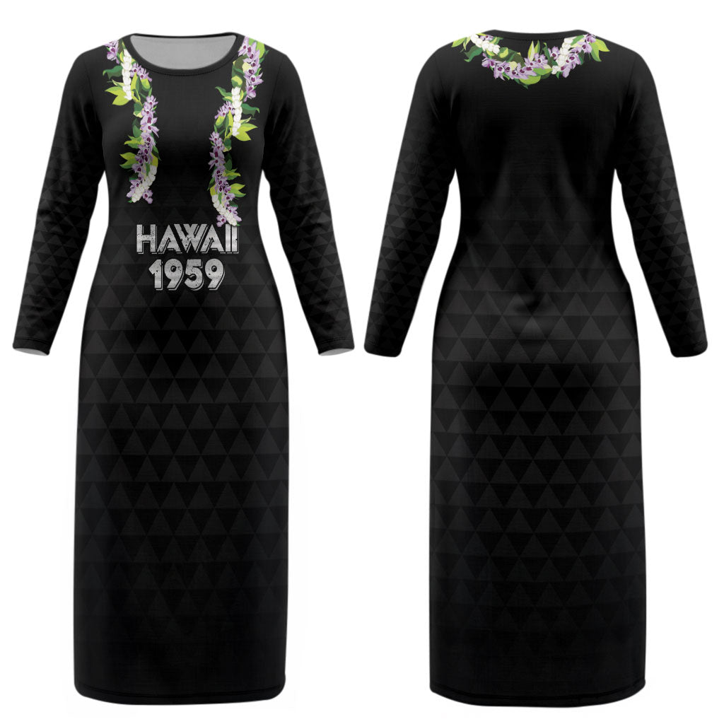 Hawaii Statehood Day Couples Matching Long Sleeve Bodycon Dress and Long Sleeve Button Shirt Kakau Pattern With Maile Pikake Honohono Lei