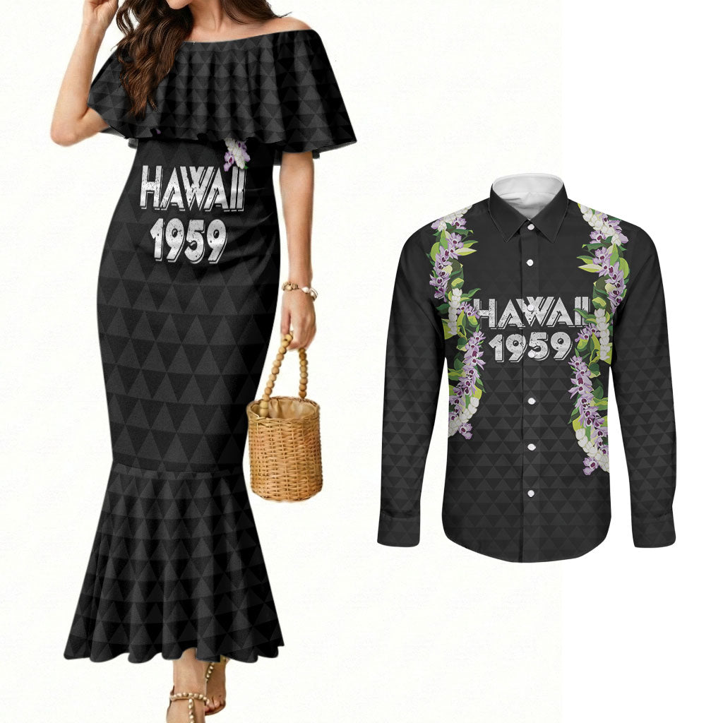 Hawaii Statehood Day Couples Matching Mermaid Dress and Long Sleeve Button Shirt Kakau Pattern With Maile Pikake Honohono Lei