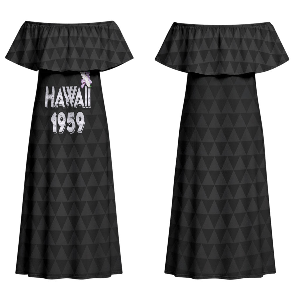 Hawaii Statehood Day Couples Matching Off Shoulder Maxi Dress and Long Sleeve Button Shirt Kakau Pattern With Maile Pikake Honohono Lei