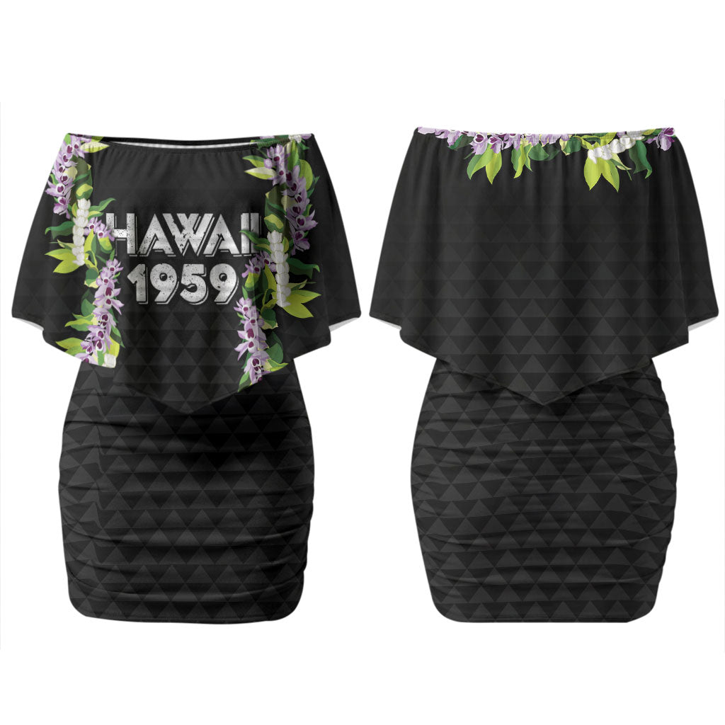 Hawaii Statehood Day Couples Matching Off Shoulder Short Dress and Hawaiian Shirt Kakau Pattern With Maile Pikake Honohono Lei