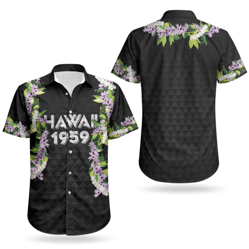 Hawaii Statehood Day Couples Matching Off Shoulder Short Dress and Hawaiian Shirt Kakau Pattern With Maile Pikake Honohono Lei