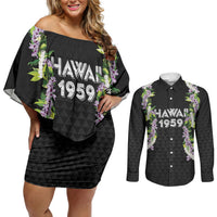 Hawaii Statehood Day Couples Matching Off Shoulder Short Dress and Long Sleeve Button Shirt Kakau Pattern With Maile Pikake Honohono Lei