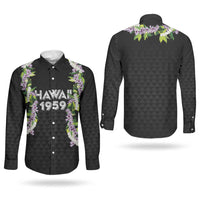 Hawaii Statehood Day Couples Matching Off Shoulder Short Dress and Long Sleeve Button Shirt Kakau Pattern With Maile Pikake Honohono Lei