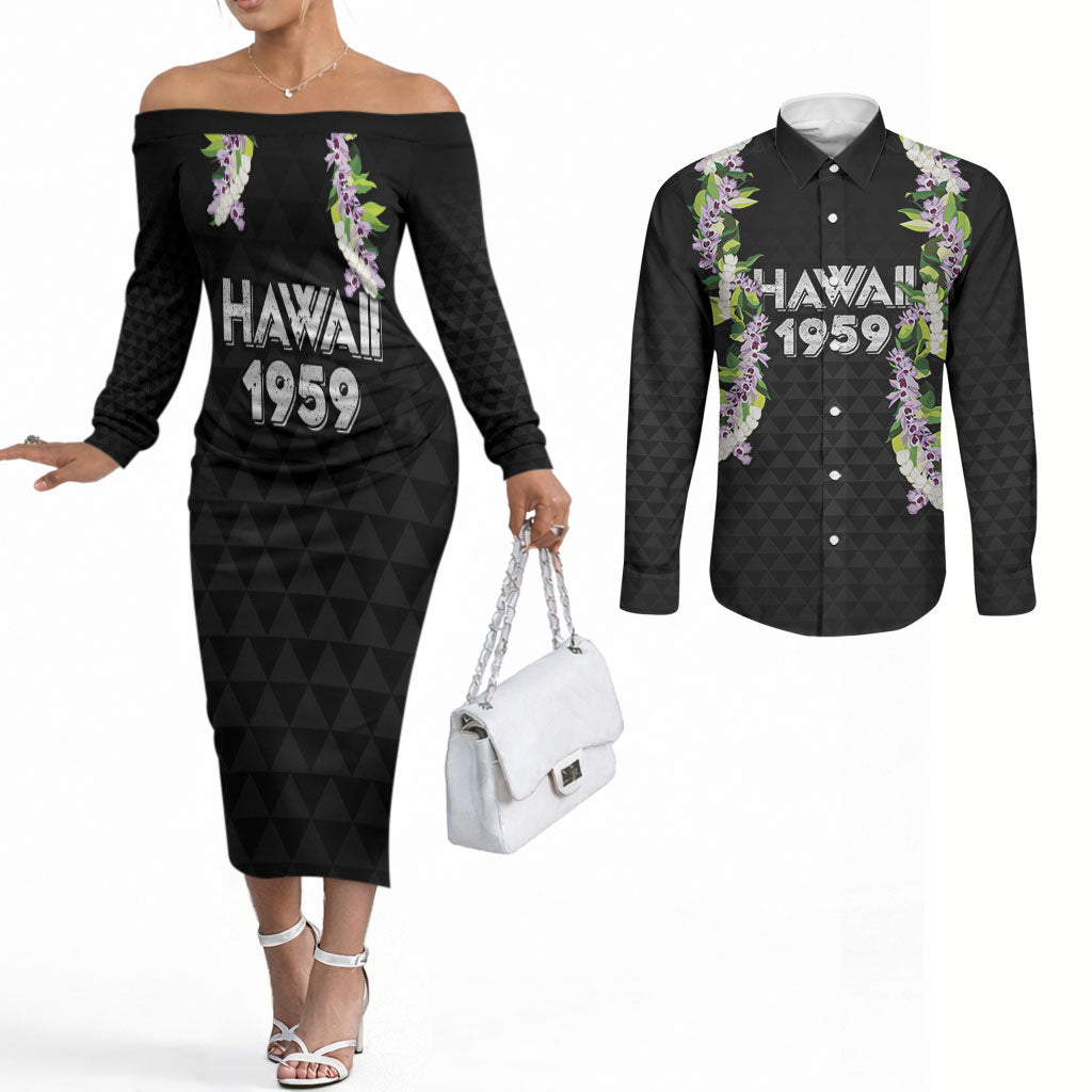 Hawaii Statehood Day Couples Matching Off The Shoulder Long Sleeve Dress and Long Sleeve Button Shirt Kakau Pattern With Maile Pikake Honohono Lei