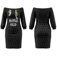 Hawaii Statehood Day Couples Matching Off The Shoulder Long Sleeve Dress and Long Sleeve Button Shirt Kakau Pattern With Maile Pikake Honohono Lei