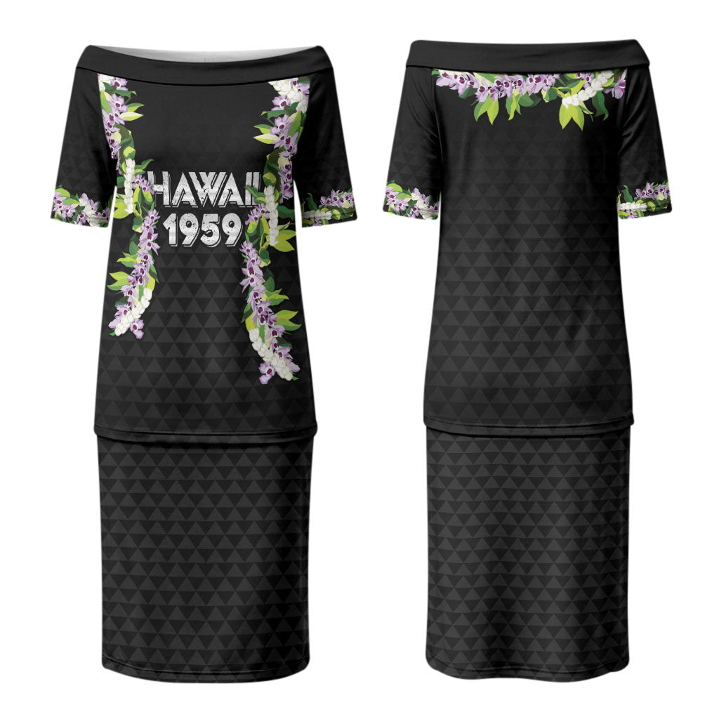 Hawaii Statehood Day Couples Matching Puletasi and Hawaiian Shirt Kakau Pattern With Maile Pikake Honohono Lei