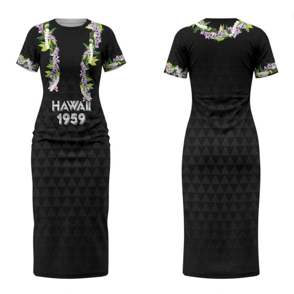Hawaii Statehood Day Couples Matching Short Sleeve Bodycon Dress and Hawaiian Shirt Kakau Pattern With Maile Pikake Honohono Lei