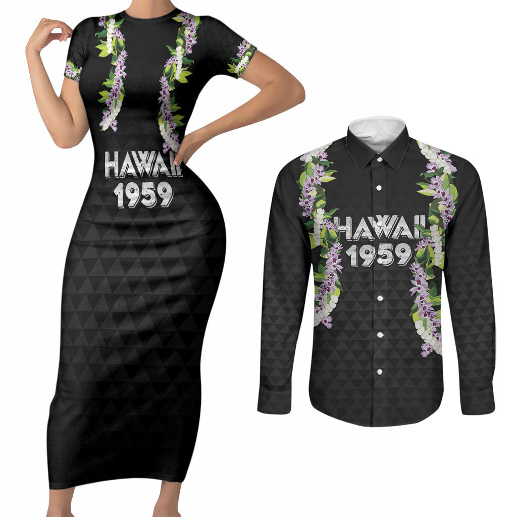 Hawaii Statehood Day Couples Matching Short Sleeve Bodycon Dress and Long Sleeve Button Shirt Kakau Pattern With Maile Pikake Honohono Lei