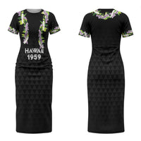 Hawaii Statehood Day Couples Matching Short Sleeve Bodycon Dress and Long Sleeve Button Shirt Kakau Pattern With Maile Pikake Honohono Lei