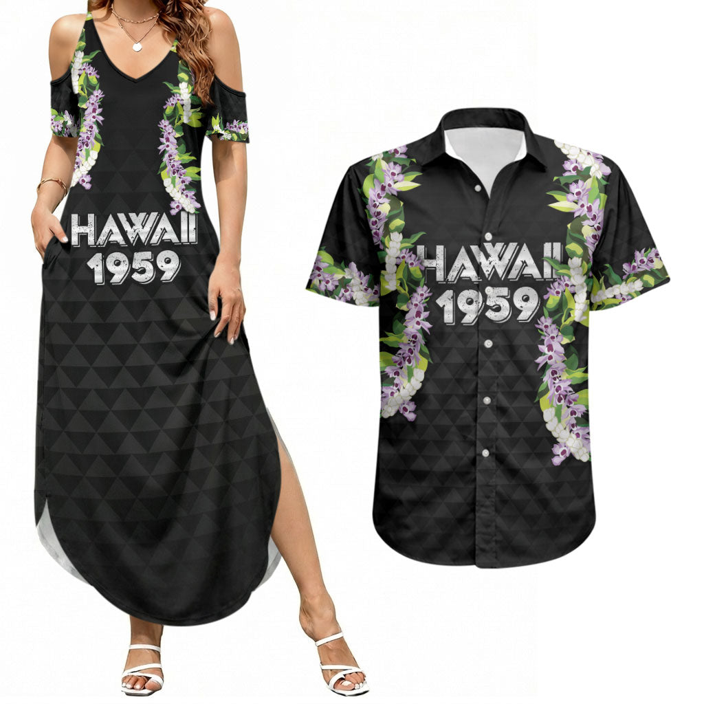 Hawaii Statehood Day Couples Matching Summer Maxi Dress and Hawaiian Shirt Kakau Pattern With Maile Pikake Honohono Lei
