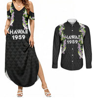 Hawaii Statehood Day Couples Matching Summer Maxi Dress and Long Sleeve Button Shirt Kakau Pattern With Maile Pikake Honohono Lei