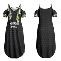 Hawaii Statehood Day Couples Matching Summer Maxi Dress and Long Sleeve Button Shirt Kakau Pattern With Maile Pikake Honohono Lei