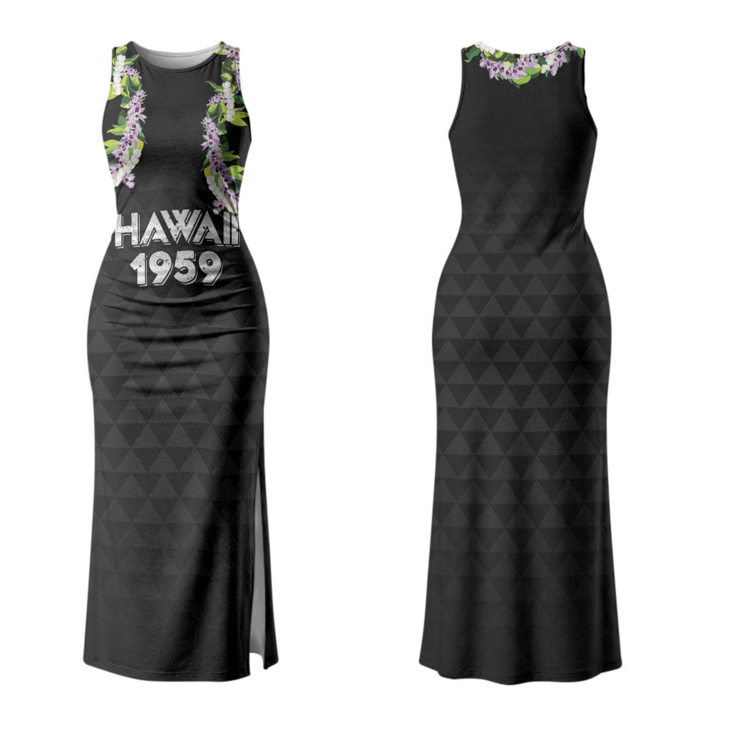 Hawaii Statehood Day Couples Matching Tank Maxi Dress and Hawaiian Shirt Kakau Pattern With Maile Pikake Honohono Lei