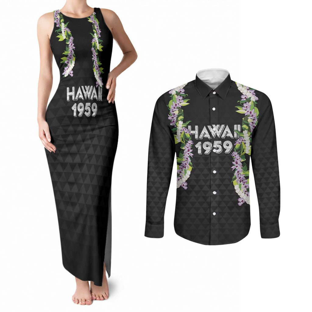 Hawaii Statehood Day Couples Matching Tank Maxi Dress and Long Sleeve Button Shirt Kakau Pattern With Maile Pikake Honohono Lei
