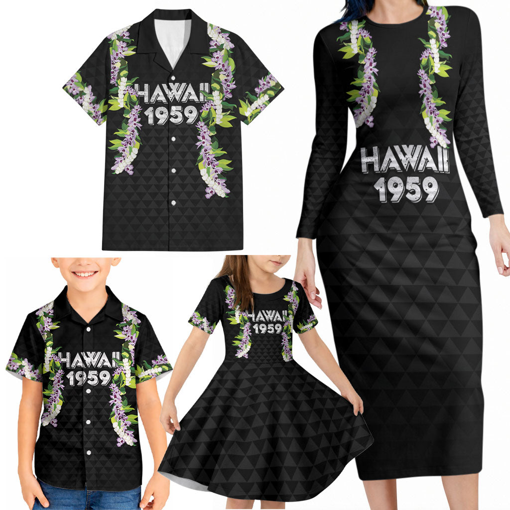 Hawaii Statehood Day Family Matching Long Sleeve Bodycon Dress and Hawaiian Shirt Kakau Pattern With Maile Pikake Honohono Lei LT05 - Polynesian Pride