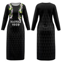 Hawaii Statehood Day Family Matching Long Sleeve Bodycon Dress and Hawaiian Shirt Kakau Pattern With Maile Pikake Honohono Lei