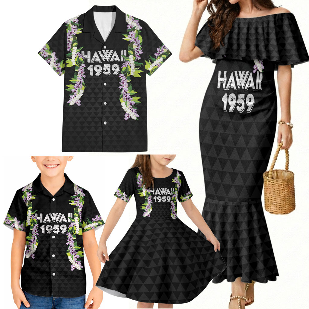 Hawaii Statehood Day Family Matching Mermaid Dress and Hawaiian Shirt Kakau Pattern With Maile Pikake Honohono Lei
