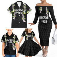 Hawaii Statehood Day Family Matching Off The Shoulder Long Sleeve Dress and Hawaiian Shirt Kakau Pattern With Maile Pikake Honohono Lei