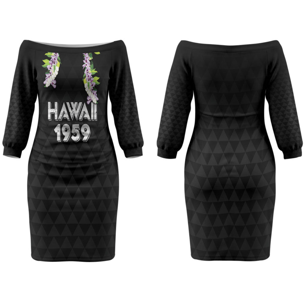 Hawaii Statehood Day Family Matching Off The Shoulder Long Sleeve Dress and Hawaiian Shirt Kakau Pattern With Maile Pikake Honohono Lei