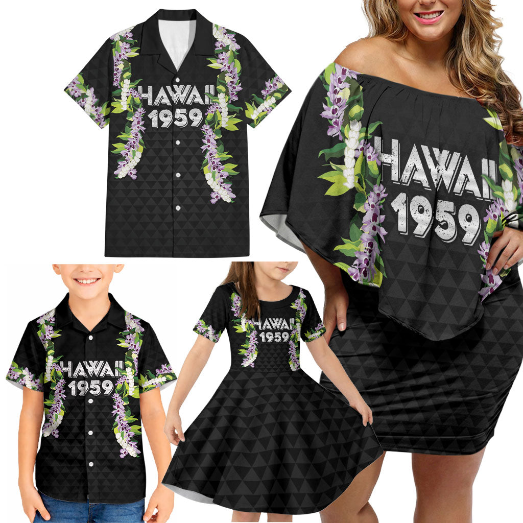 Hawaii Statehood Day Family Matching Off Shoulder Short Dress and Hawaiian Shirt Kakau Pattern With Maile Pikake Honohono Lei
