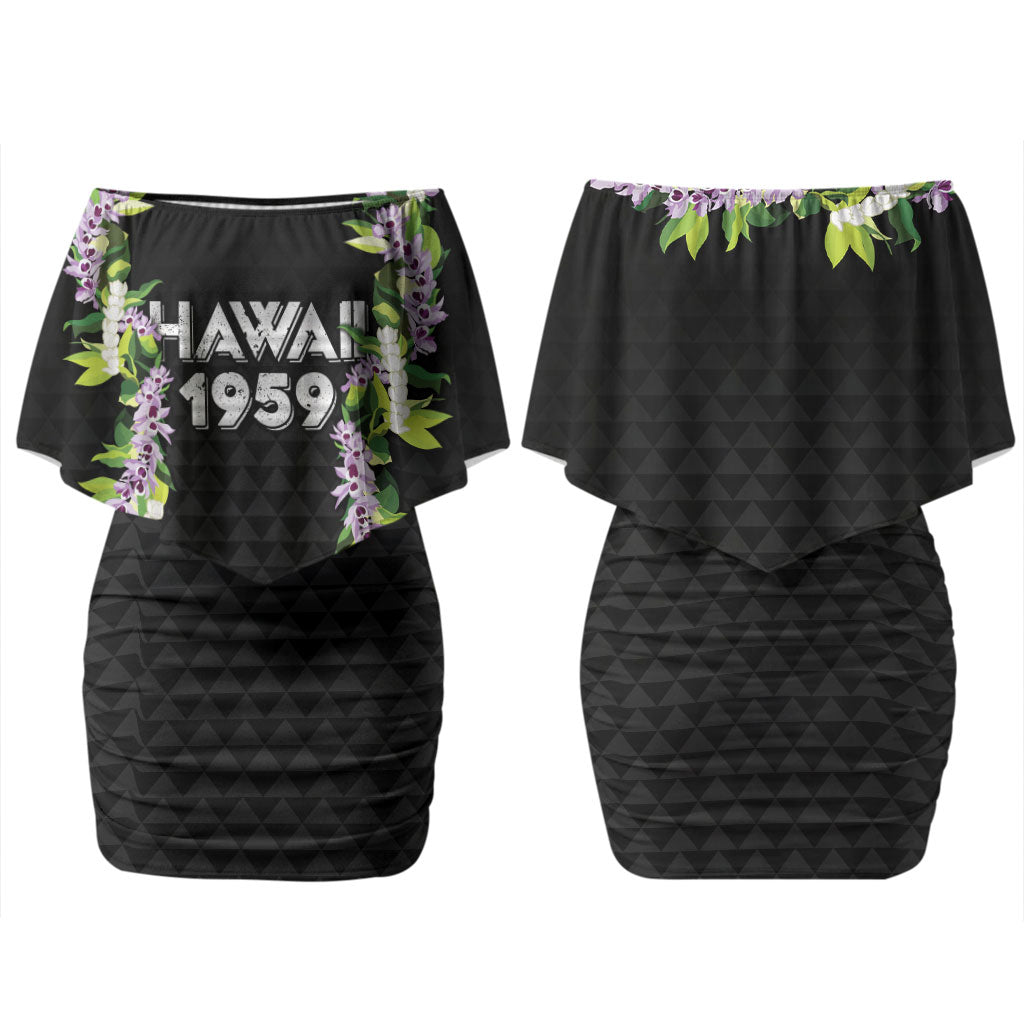 Hawaii Statehood Day Family Matching Off Shoulder Short Dress and Hawaiian Shirt Kakau Pattern With Maile Pikake Honohono Lei