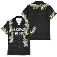 Hawaii Statehood Day Family Matching Off Shoulder Short Dress and Hawaiian Shirt Kakau Pattern With Maile Pikake Honohono Lei