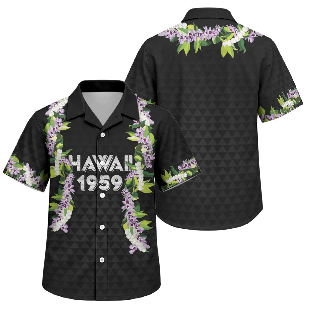 Hawaii Statehood Day Family Matching Off Shoulder Short Dress and Hawaiian Shirt Kakau Pattern With Maile Pikake Honohono Lei