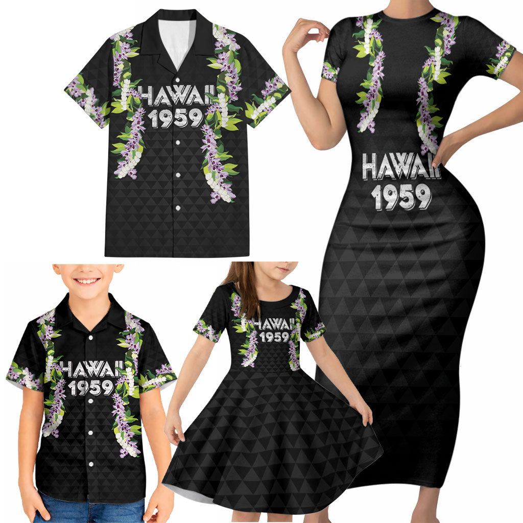 Hawaii Statehood Day Family Matching Short Sleeve Bodycon Dress and Hawaiian Shirt Kakau Pattern With Maile Pikake Honohono Lei