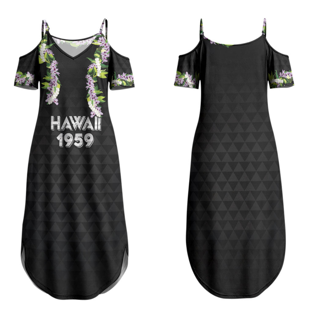 Hawaii Statehood Day Family Matching Summer Maxi Dress and Hawaiian Shirt Kakau Pattern With Maile Pikake Honohono Lei
