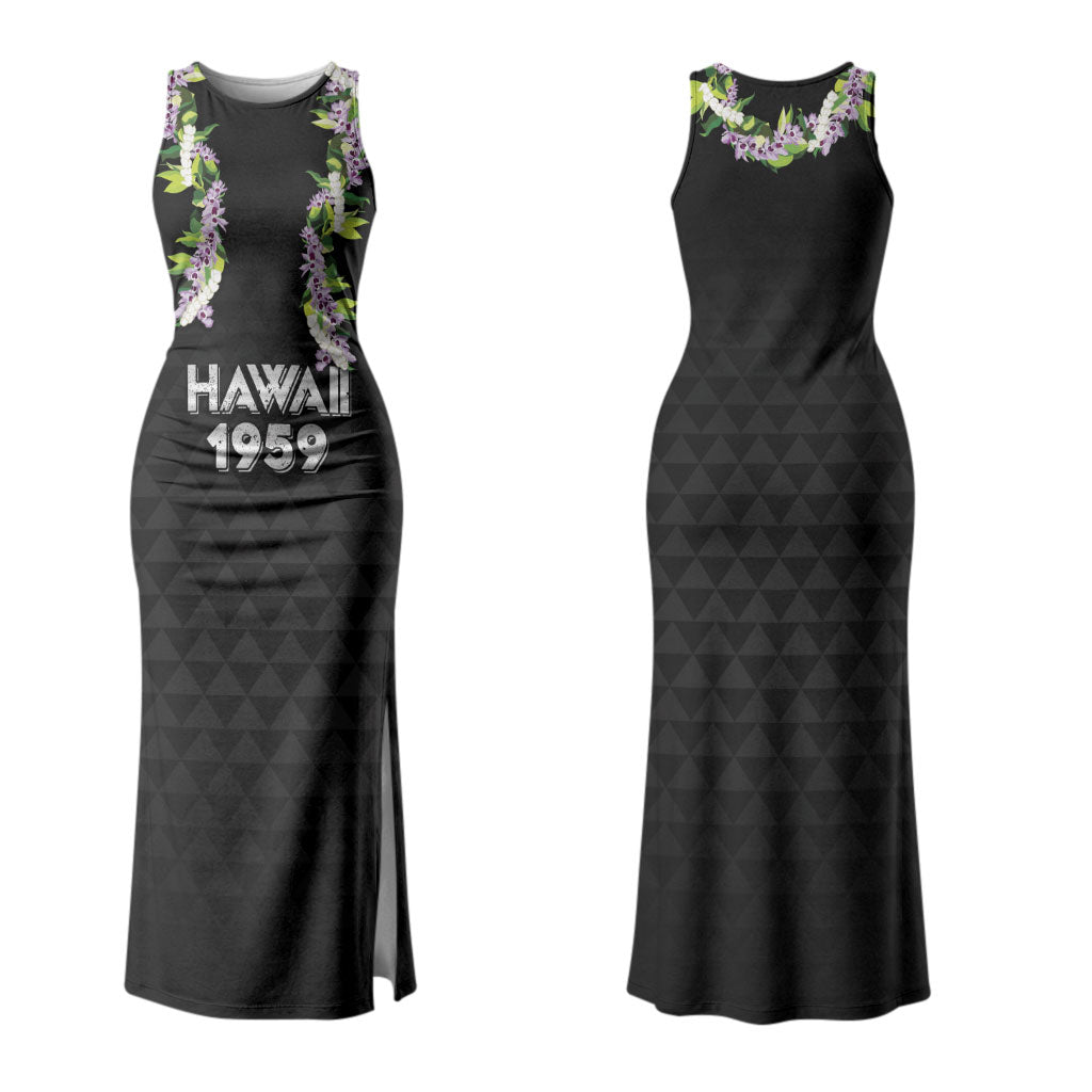 Hawaii Statehood Day Family Matching Tank Maxi Dress and Hawaiian Shirt Kakau Pattern With Maile Pikake Honohono Lei