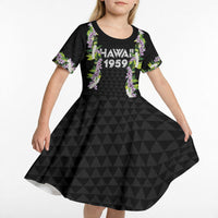 Hawaii Statehood Day Kid Short Sleeve Dress Kakau Pattern With Maile Pikake Honohono Lei