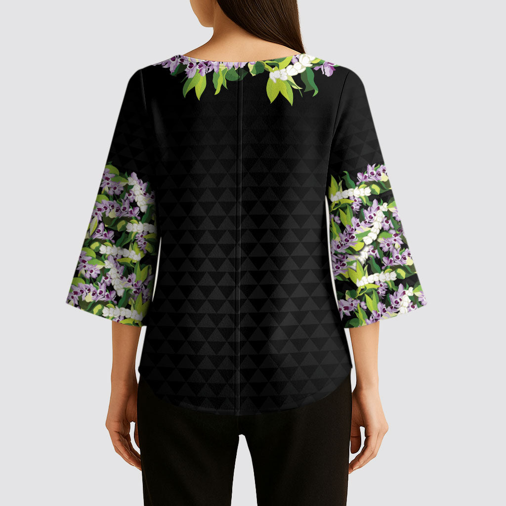 Hawaii Statehood Day Kimono Sleeve Blouse Kakau Pattern With Maile Pikake Honohono Lei