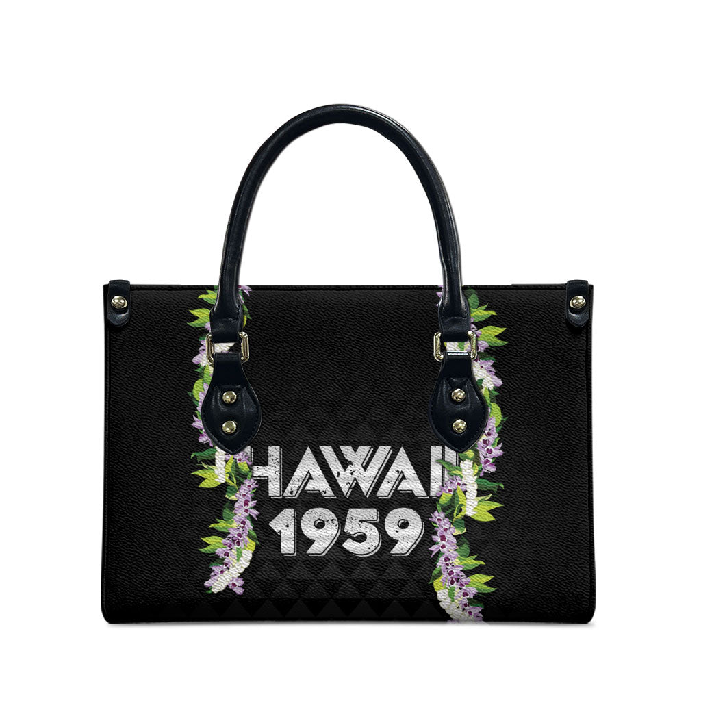 Hawaii Statehood Day Leather Bag Kakau Pattern With Maile Pikake Honohono Lei