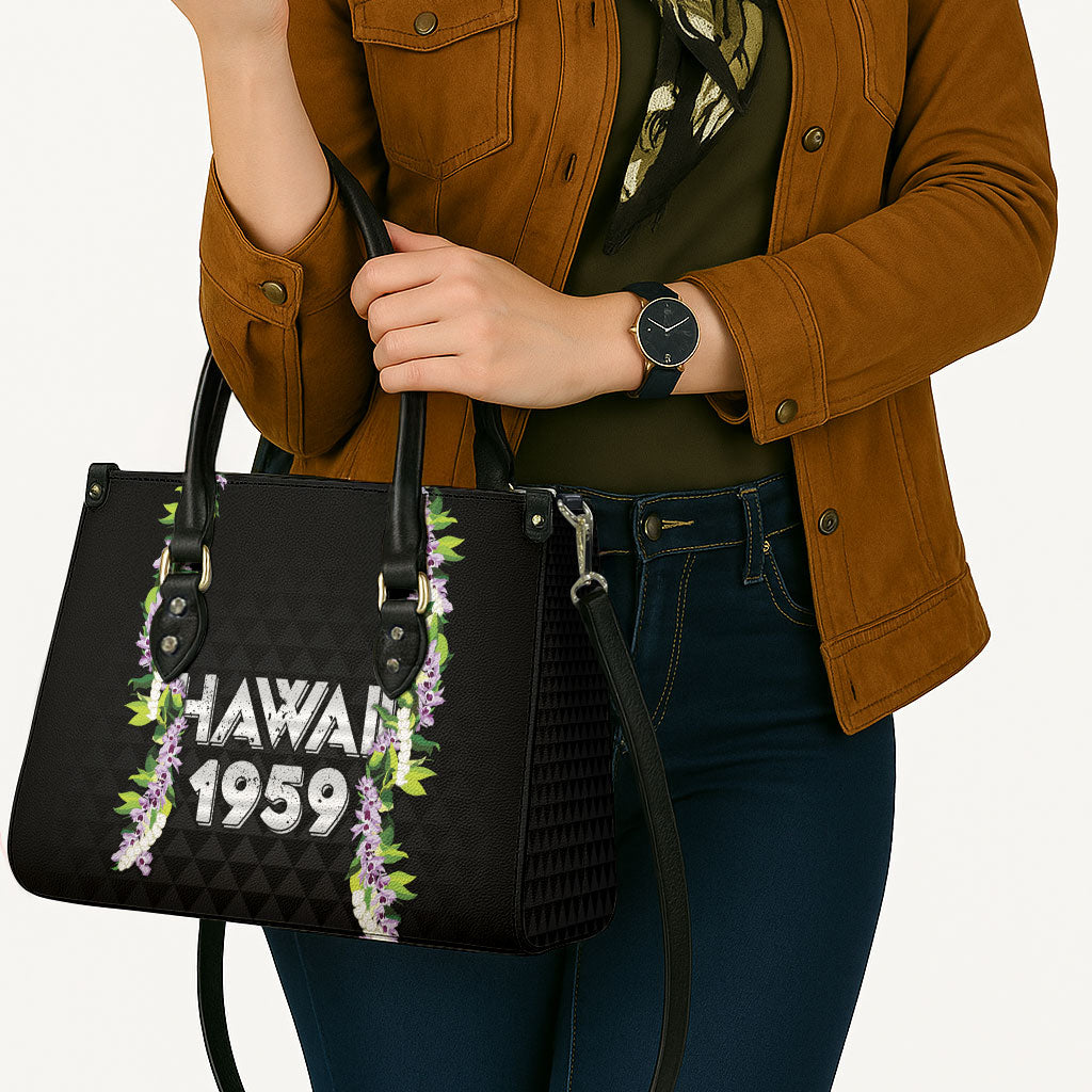 Hawaii Statehood Day Leather Bag Kakau Pattern With Maile Pikake Honohono Lei