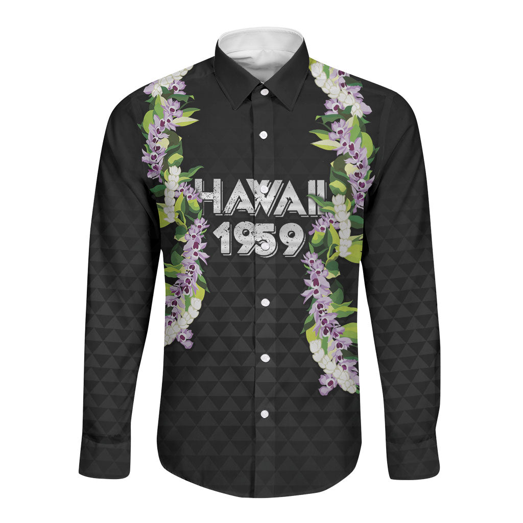 Hawaii Statehood Day Long Sleeve Button Shirt Kakau Pattern With Maile Pikake Honohono Lei