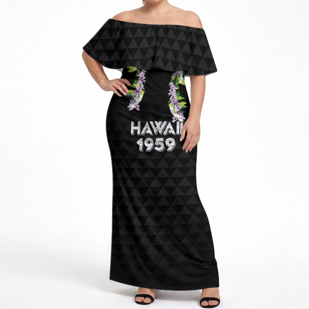 Hawaii Statehood Day Off Shoulder Maxi Dress Kakau Pattern With Maile Pikake Honohono Lei