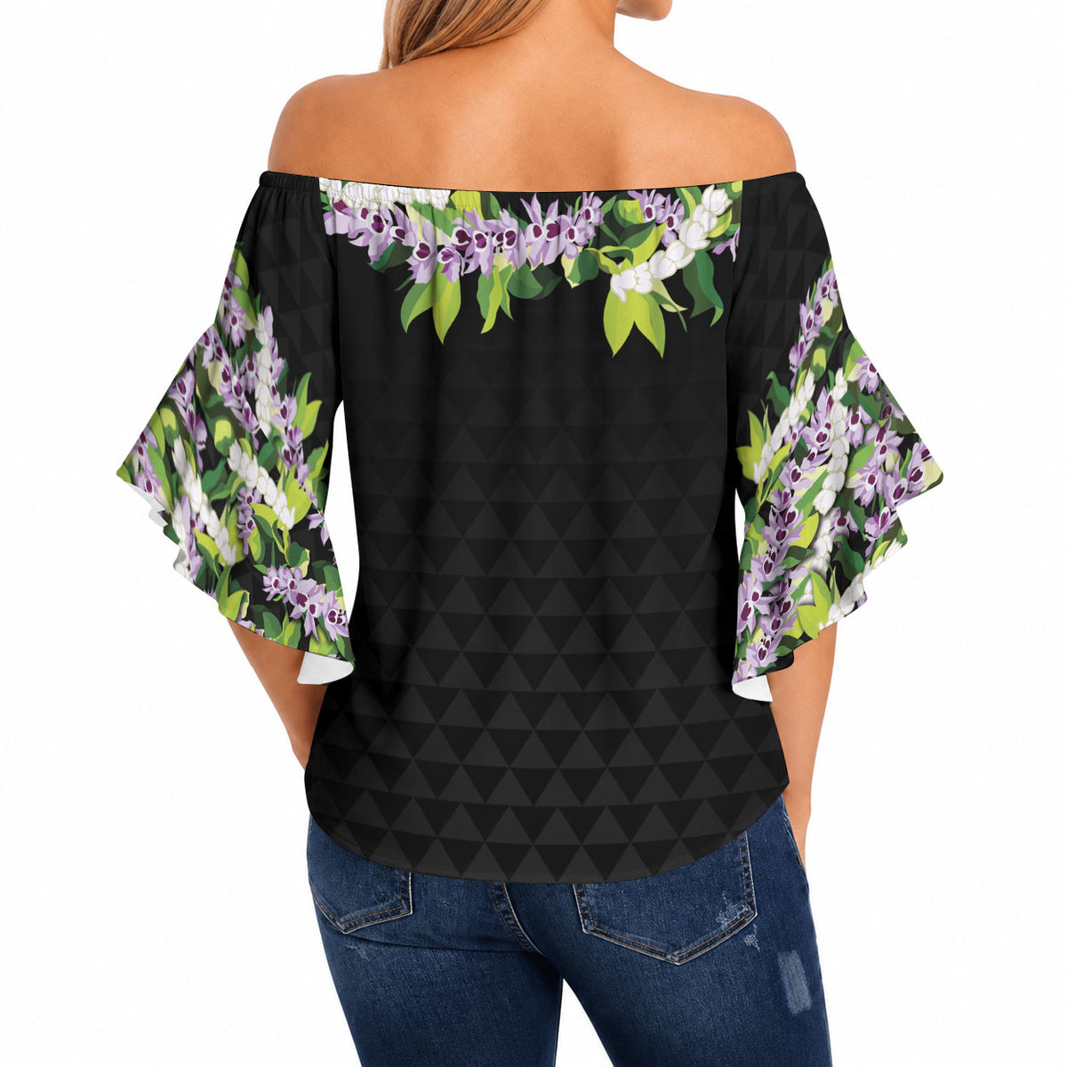 Hawaii Statehood Day Off Shoulder Wrap Waist Top Kakau Pattern With Maile Pikake Honohono Lei LT05 - Polynesian Pride