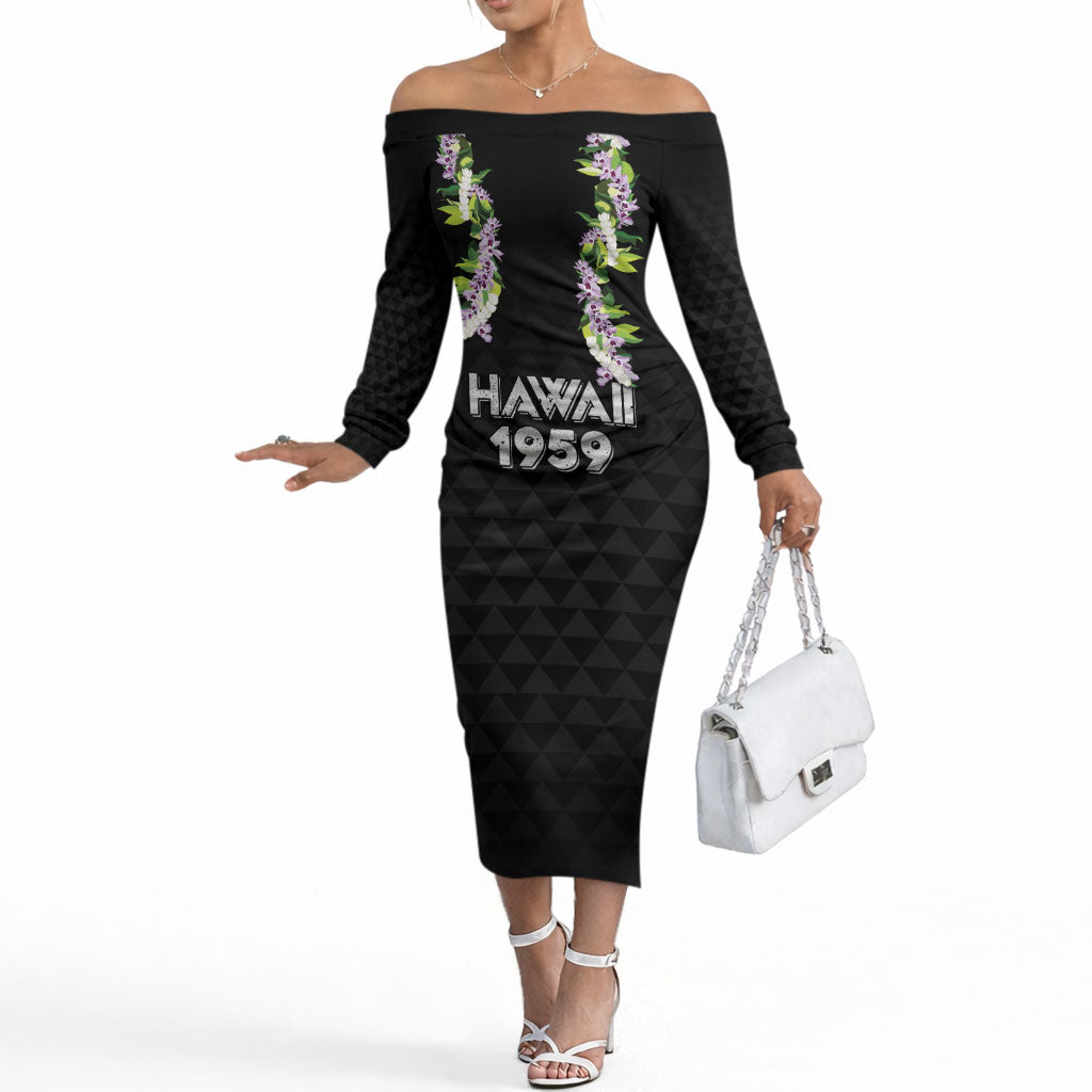 Hawaii Statehood Day Off The Shoulder Long Sleeve Dress Kakau Pattern With Maile Pikake Honohono Lei