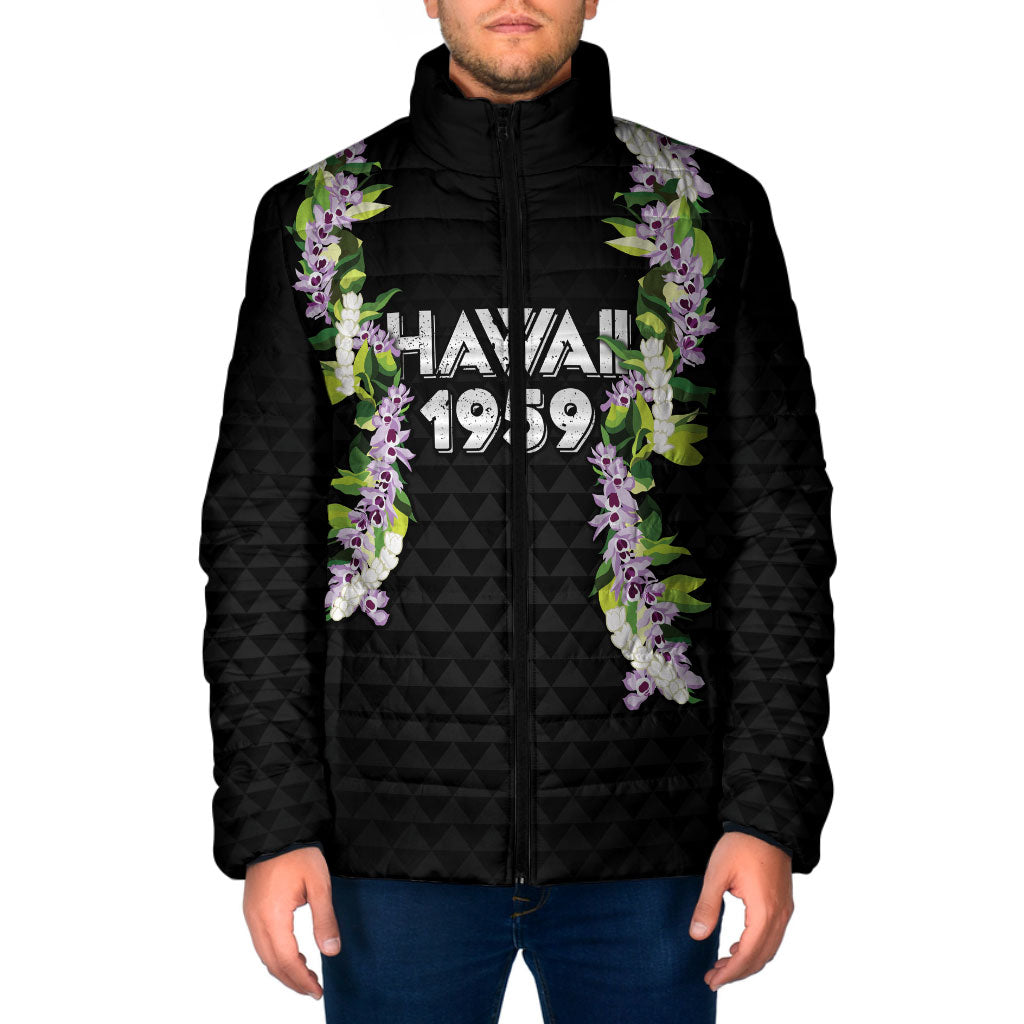 Hawaii Statehood Day Padded Jacket Kakau Pattern With Maile Pikake Honohono Lei