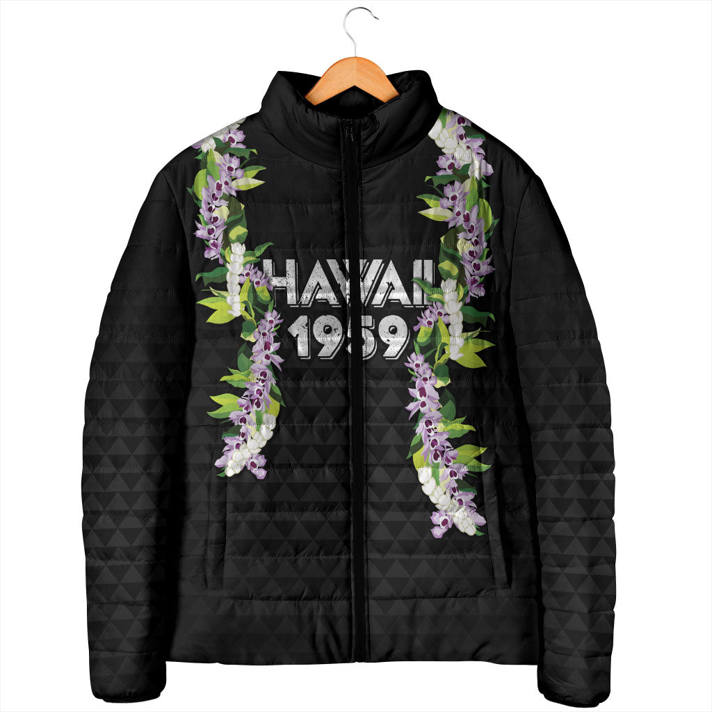Hawaii Statehood Day Padded Jacket Kakau Pattern With Maile Pikake Honohono Lei