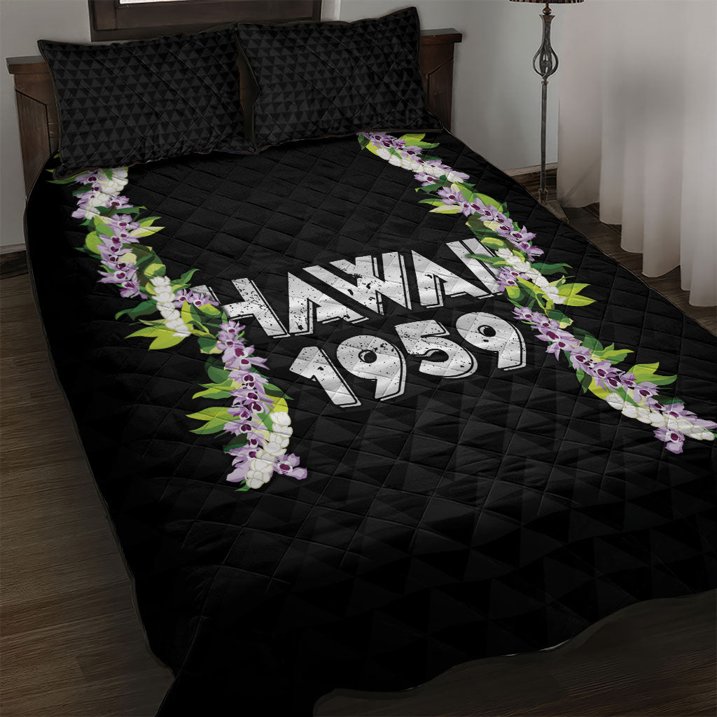 Hawaii Statehood Day Quilt Bed Set Kakau Pattern With Maile Pikake Honohono Lei LT05 Black - Polynesian Pride
