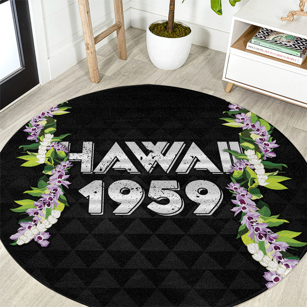 Hawaii Statehood Day Round Carpet Kakau Pattern With Maile Pikake Honohono Lei
