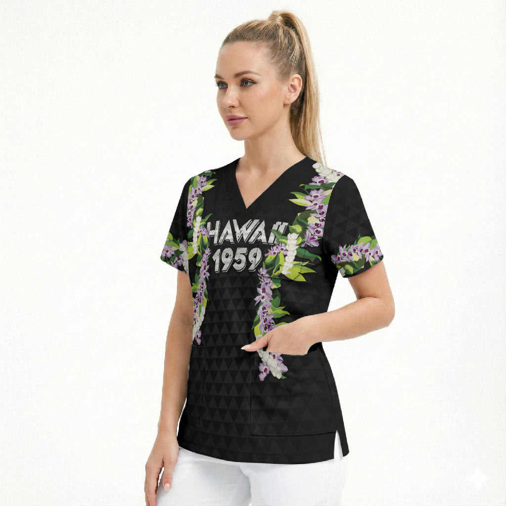 Hawaii Statehood Day Scrub Top Kakau Pattern With Maile Pikake Honohono Lei