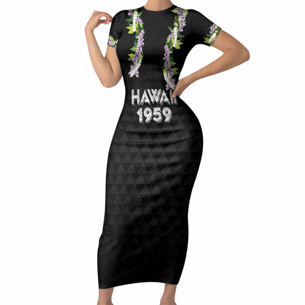 Hawaii Statehood Day Short Sleeve Bodycon Dress Kakau Pattern With Maile Pikake Honohono Lei