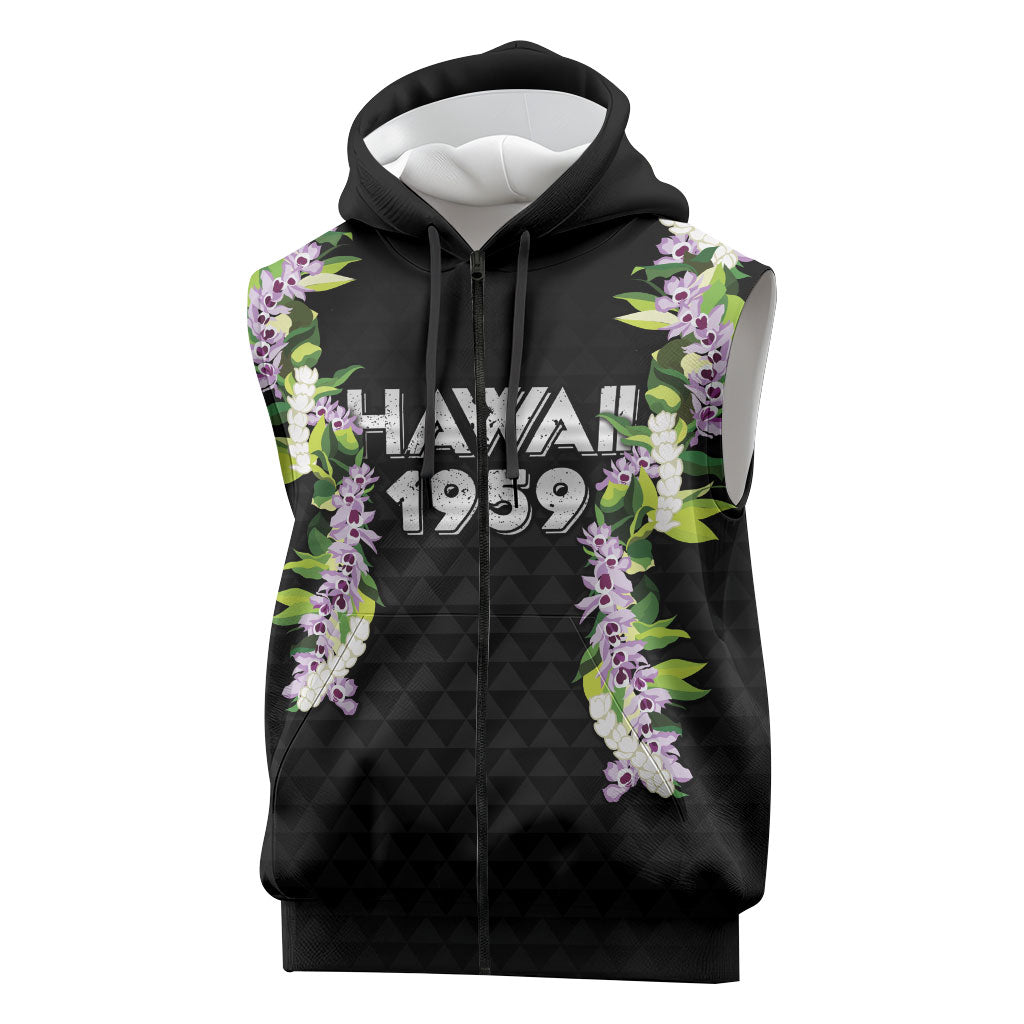 Hawaii Statehood Day Sleeveless Zip Hoodie Kakau Pattern With Maile Pikake Honohono Lei