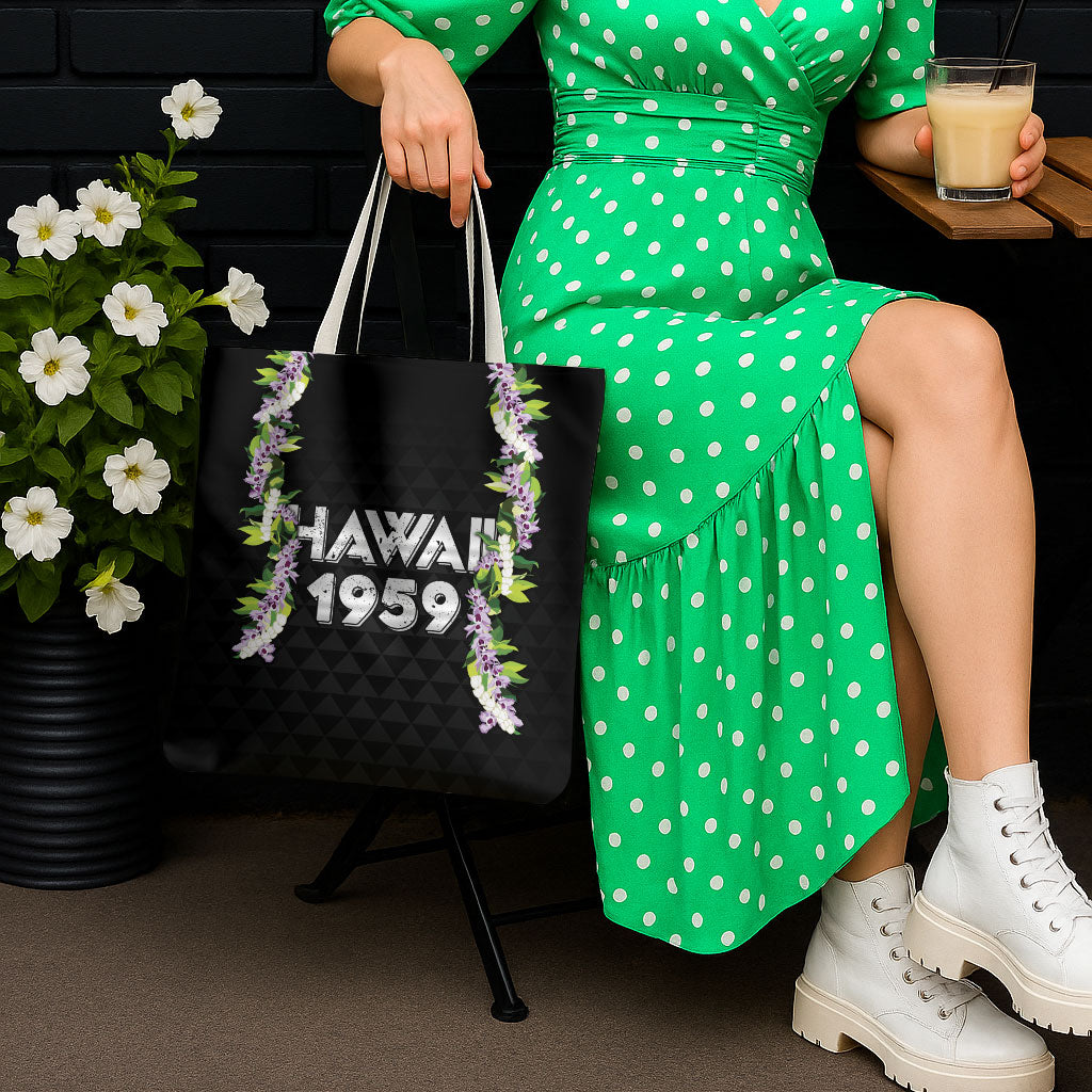 Hawaii Statehood Day Tote Bag Kakau Pattern With Maile Pikake Honohono Lei