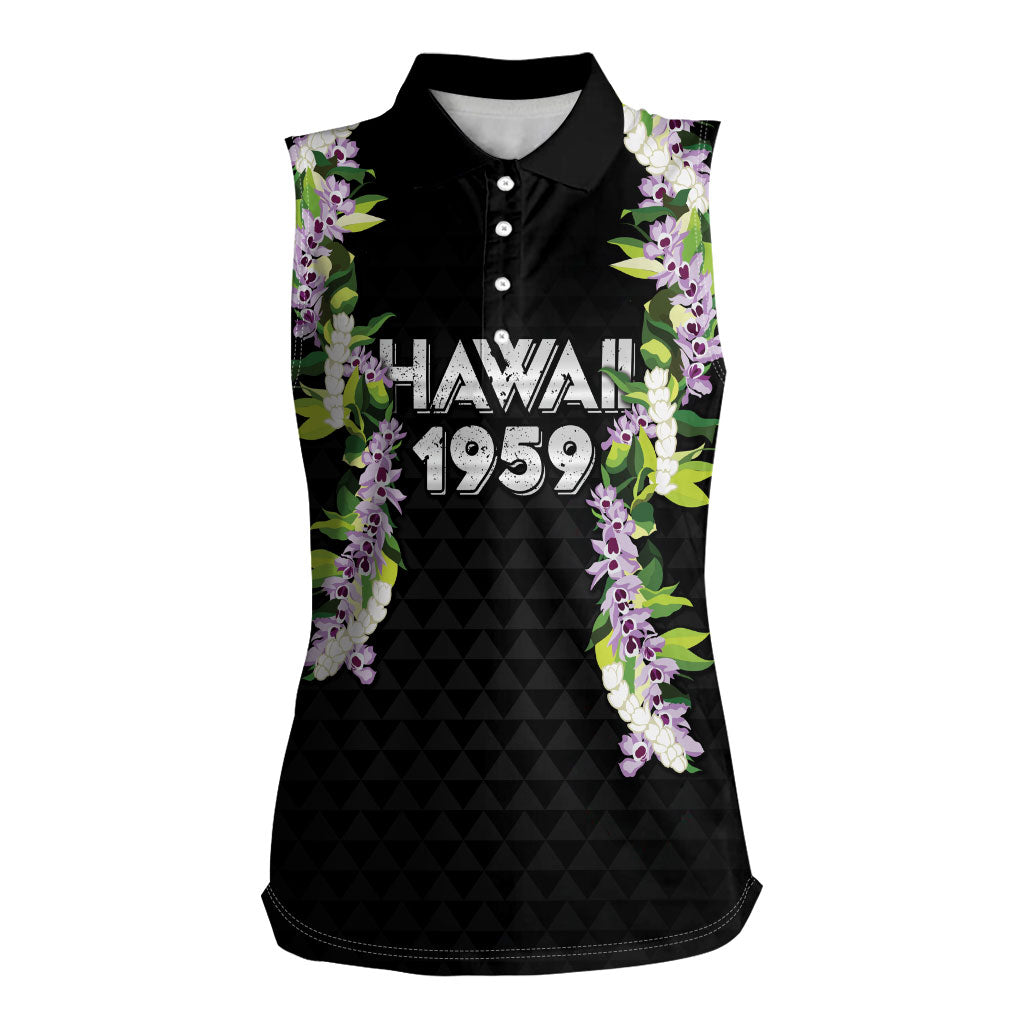 Hawaii Statehood Day Women Sleeveless Polo Shirt Kakau Pattern With Maile Pikake Honohono Lei