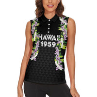 Hawaii Statehood Day Women Sleeveless Polo Shirt Kakau Pattern With Maile Pikake Honohono Lei