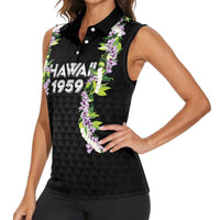 Hawaii Statehood Day Women Sleeveless Polo Shirt Kakau Pattern With Maile Pikake Honohono Lei
